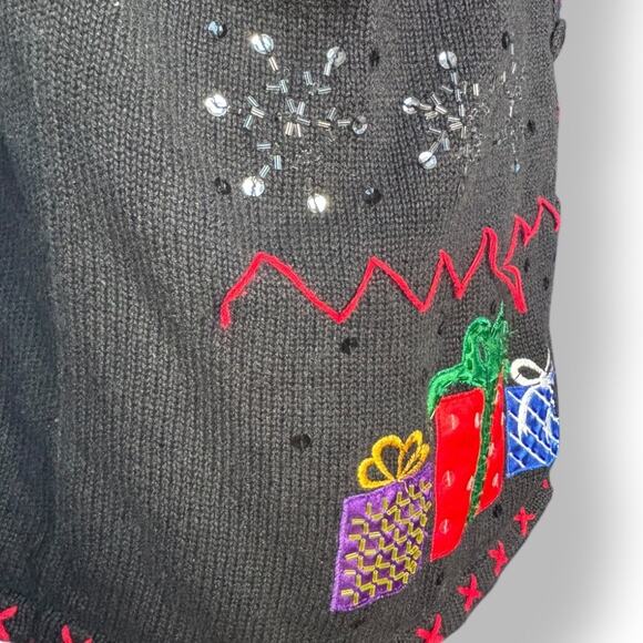 Vintage Holiday Sweater Black Embroidered Embellished Sequin Christmas Vest - Picture 5 of 14